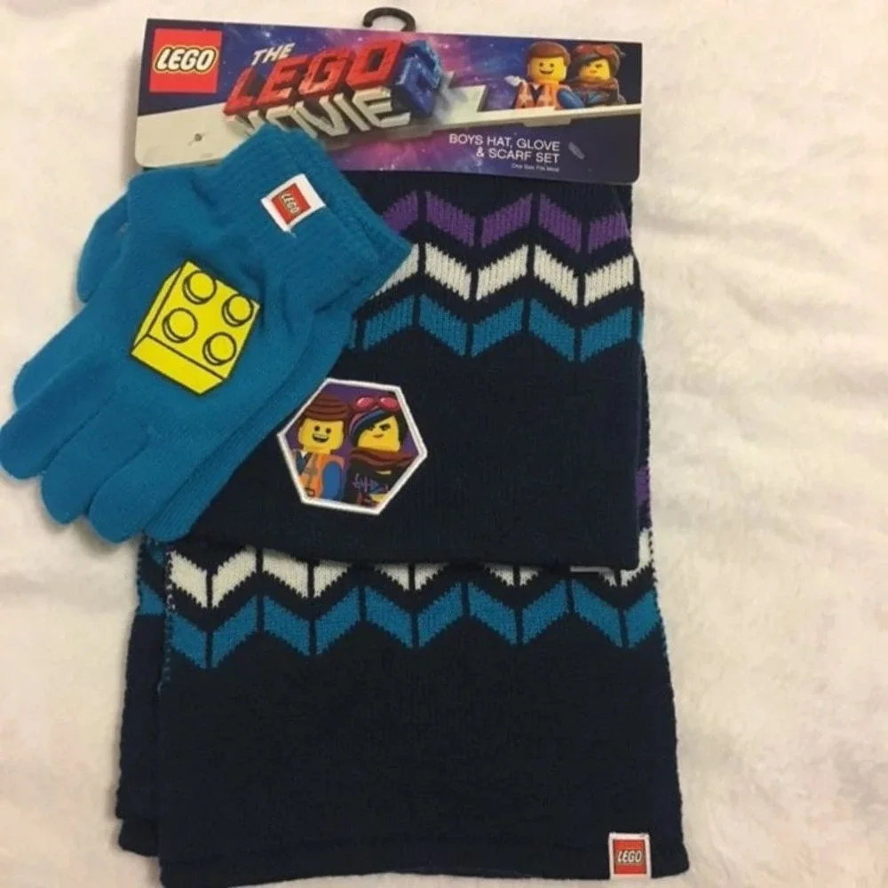 LEGO Movie 2 Hat Scarf Glove‎ Set Kids OSFM Navy Blue New Winter Beanie Chevron